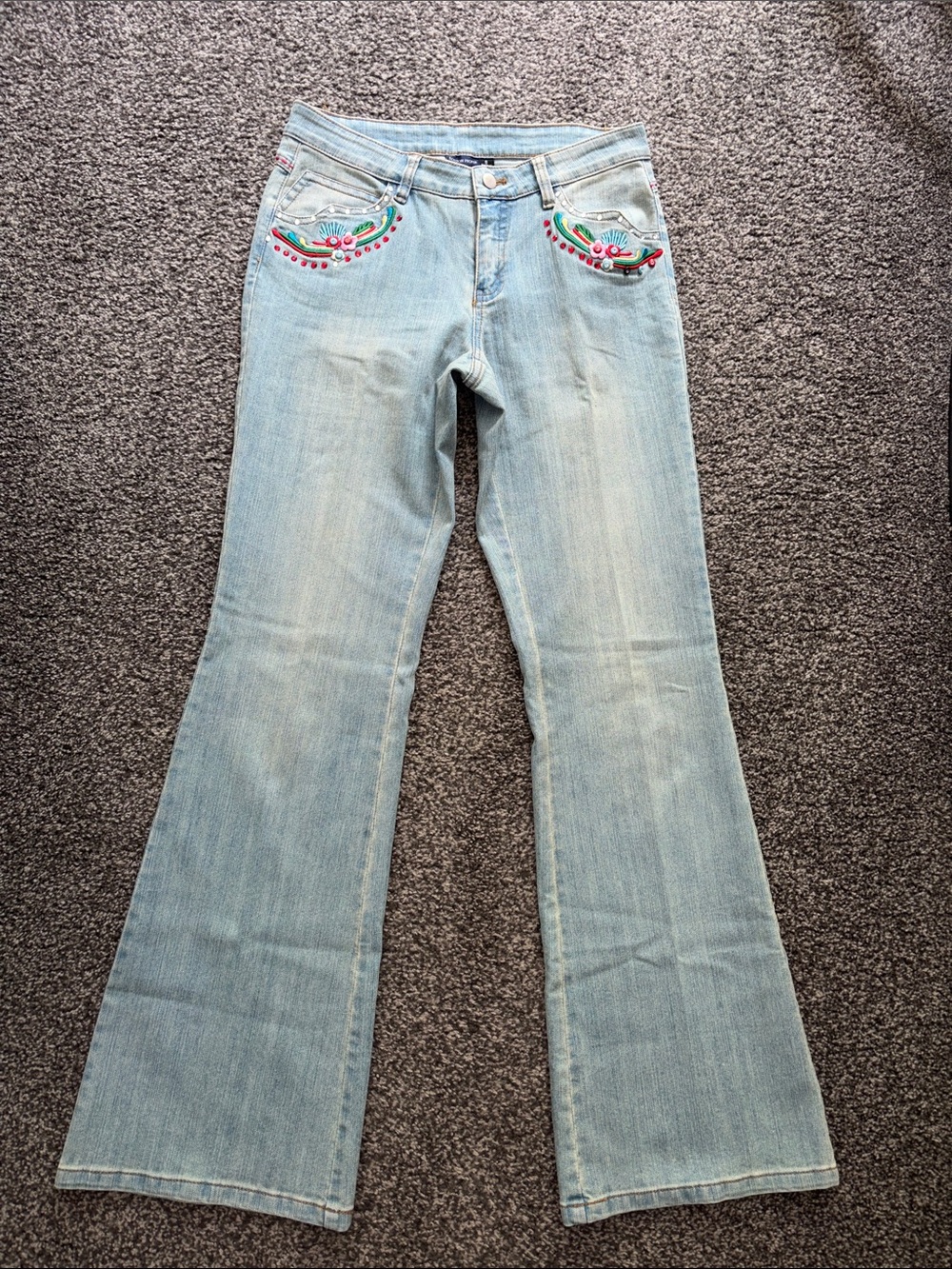 Boston Proper Rainbow Embroidered Flare Leg Denim Jeans Light Blue Size 8